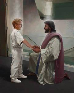LDS Art painting of Jesus speaking to a boy at a baptismal font.