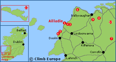 Map of the rock climbing areas in the Burren including Ailladie