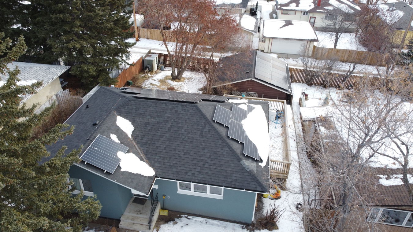 Building photo: Aerial view of the completed renovation with the solar installed