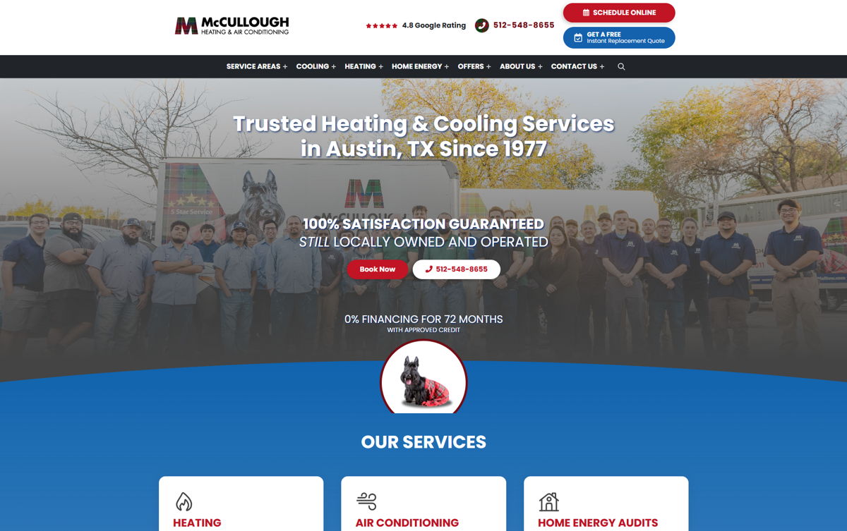 Screenshot of McCullough Heating & Air Conditioning, from the website hero section designs collection.