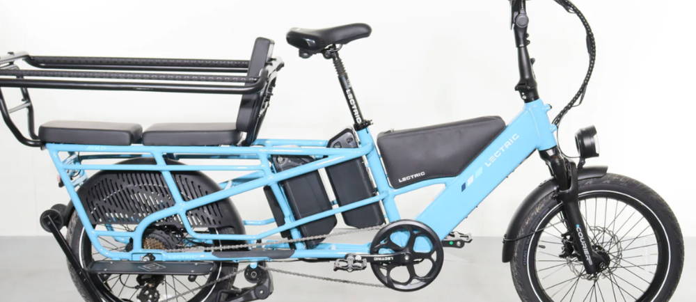 a blue Lectric XPedition2 Dual-Battery electric cargo bike