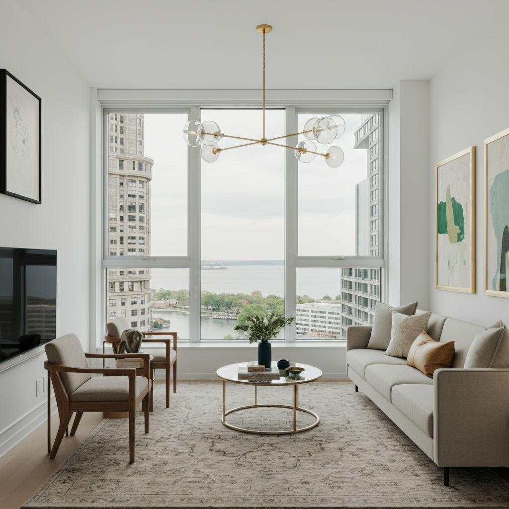 A serene, compact living space in a Gold Coast condominium featuring carefully selected furniture and meaningful art pieces arranged to maximize both functionality and emotional significance. Large windows frame lake views, demonstrating how a smaller home can still provide beauty and personal connection.