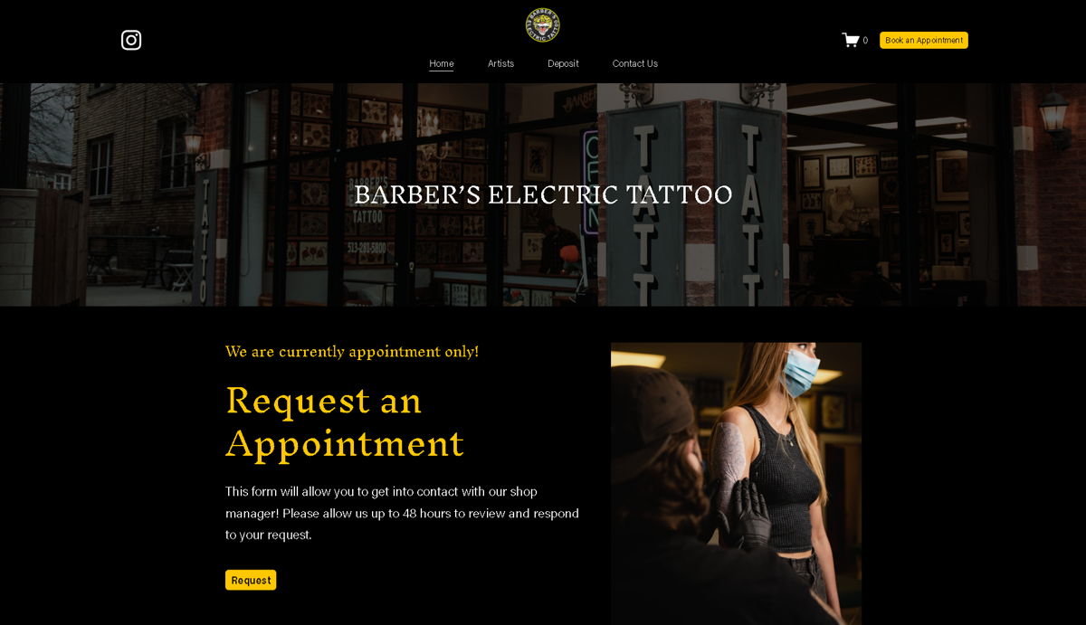 Screenshot of Barber's Electric Tattoo, from the tattoo websites collection.
