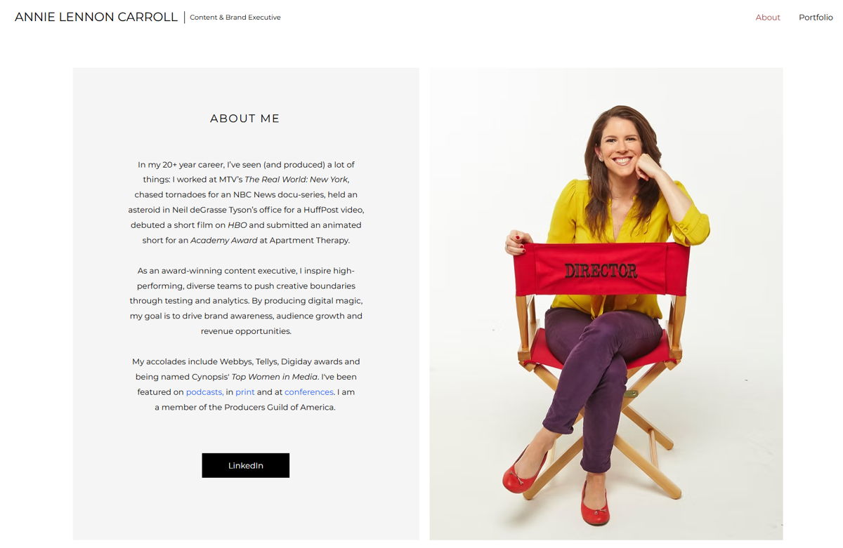 Screenshot of Annie Lennon Carroll, from the wix personal websites collection.