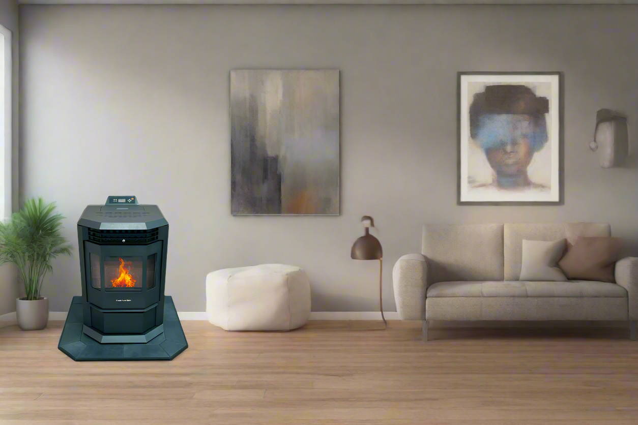 HP22 Pellet Stove On Hearth Pad Lifestyle