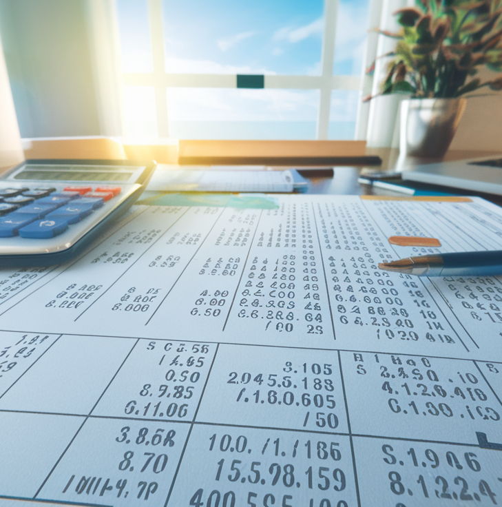 A detailed spreadsheet on a desk, showing various costs associated with selling a home in Miramar. The spreadsheet includes columns for agent commissions, staging expenses, repair costs, and closing fees. A calculator and a pen lie nearby, suggesting careful financial planning. high focus, sharp, lots of bright light, extra bright, highly detailed, high quality, dslr, film grain, fujifilm XT3, RAW photo, RAW candid cinema, color graded porta 400, depth of field, hyper realistic, natural-looking, expressive, textured skin, texture, 8k, photorealistic