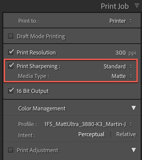 Print sharpening options in Lightroom