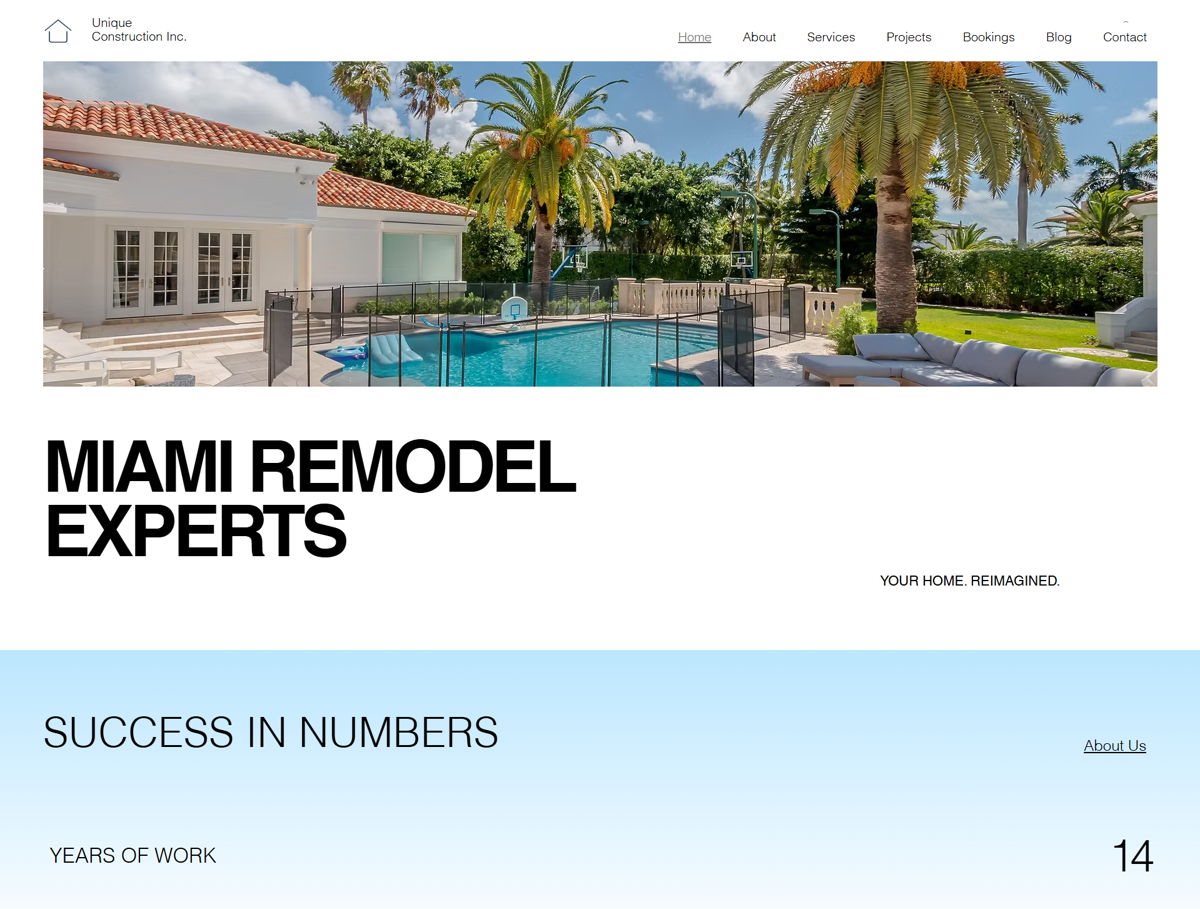Screenshot of Unique Construction Inc., from the home builder websites collection.