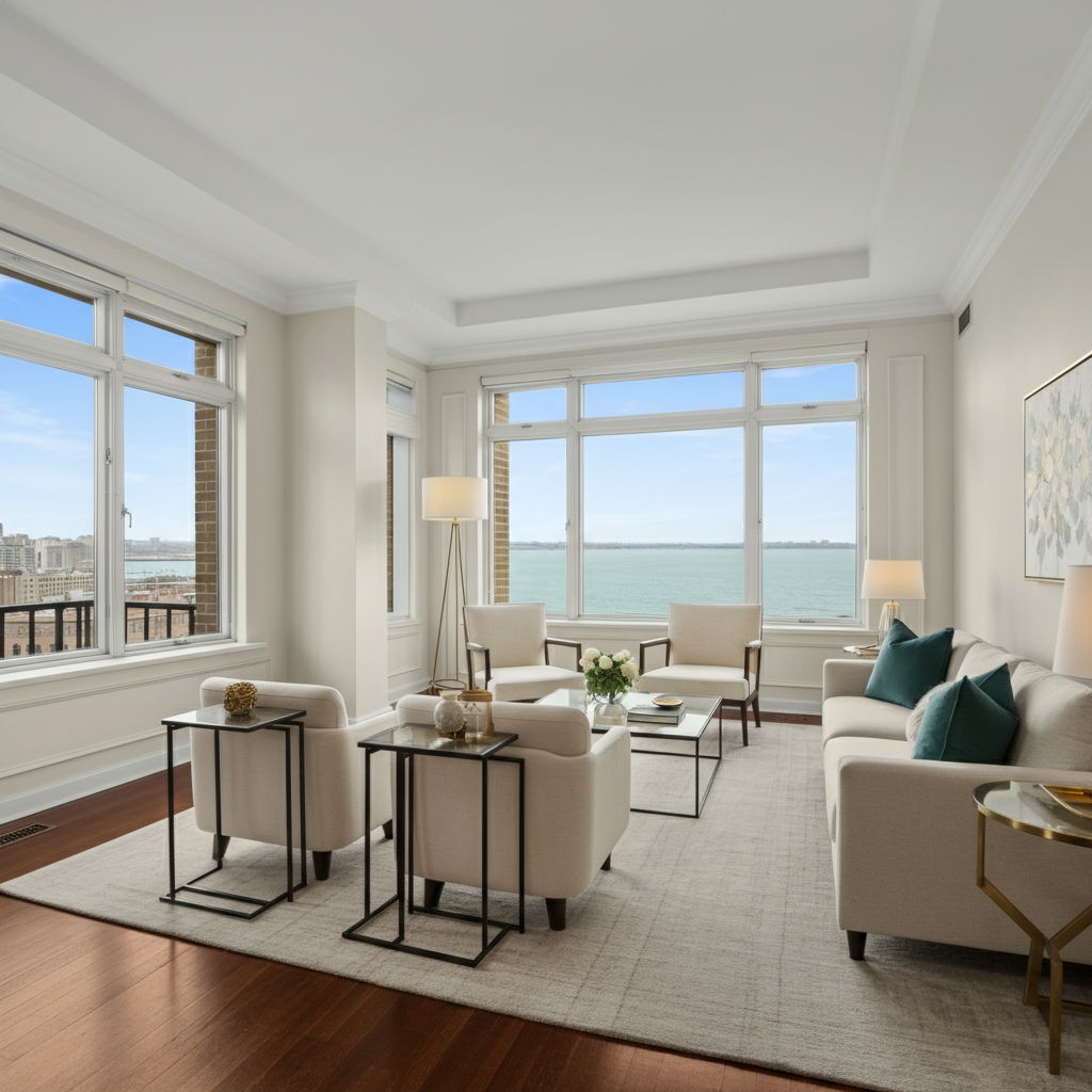A bright, decluttered Gold Coast living room staged for sale with neutral furnishings, strategic lighting, and minimalist décor that emphasizes the room's high ceilings and large windows overlooking Lake Michigan, creating an atmosphere of sophisticated luxury.
