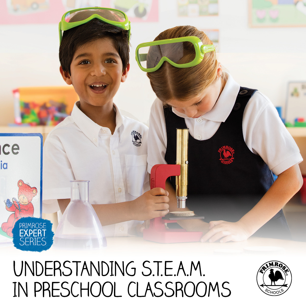 S.T.E.A.M poster featuring a young Primrose student smiling as his classmate looks through a microscope