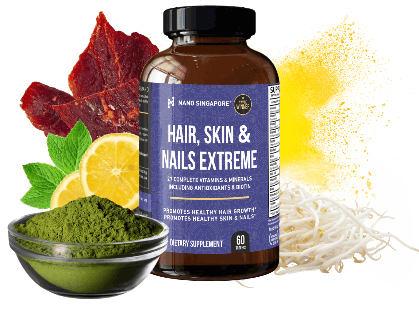 A bottle of our best vitamins for hair growth surrounded by various ingredients