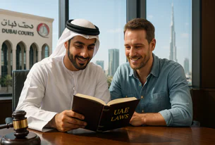 Two men, one in traditional Emirati dress, review a book titled 'UAE LAWS' with a gavel on the table, overlooking Dubai Courts and Burj Khalifa.