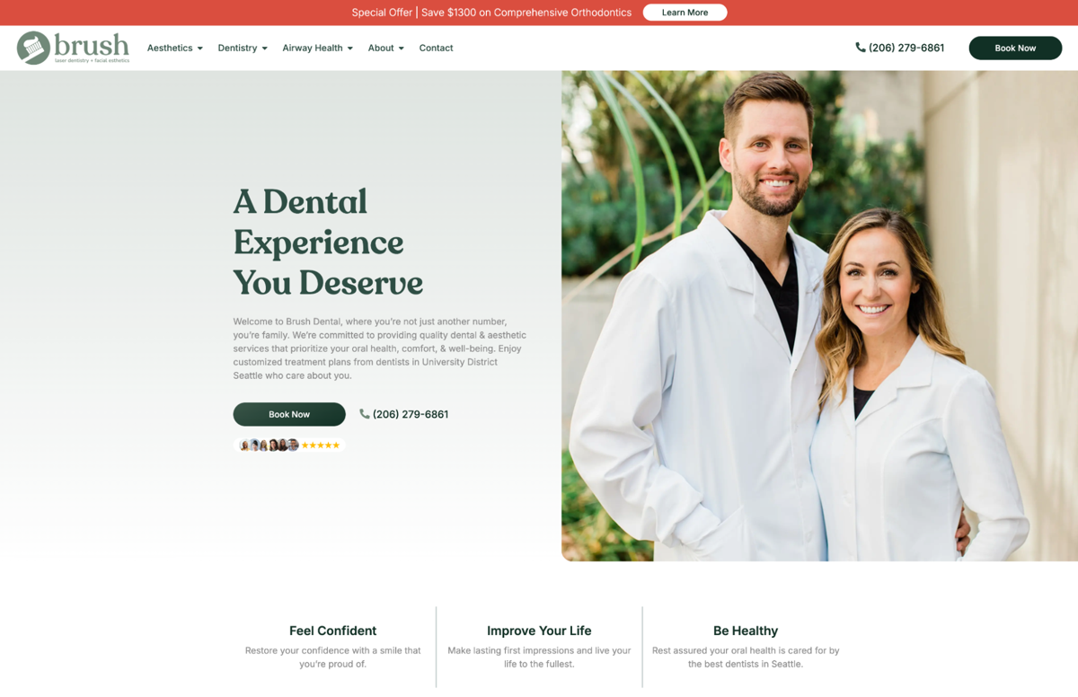 Screenshot of Brush Dental, from the dentist websites collection.