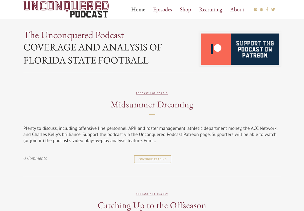 Screenshot of Unconquered Podcast, from the squarespace podcast websites collection.