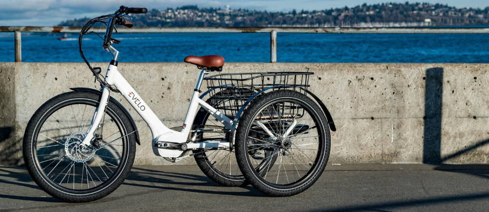Evelo electric tricycle on sidewalk near sea