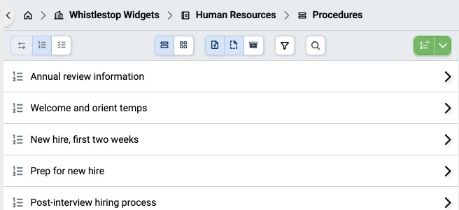 List pane showing the Procedures in a Portfolio