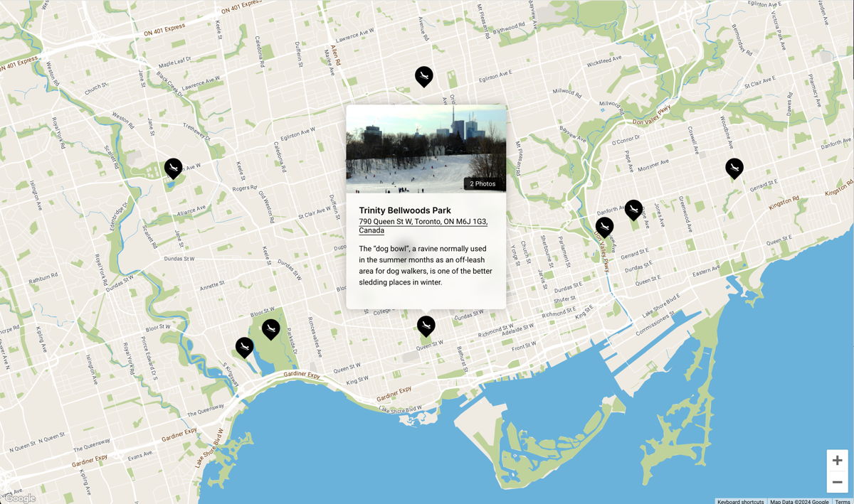 Screenshot of Toronto Sledding Hills, from the google maps api examples collection.