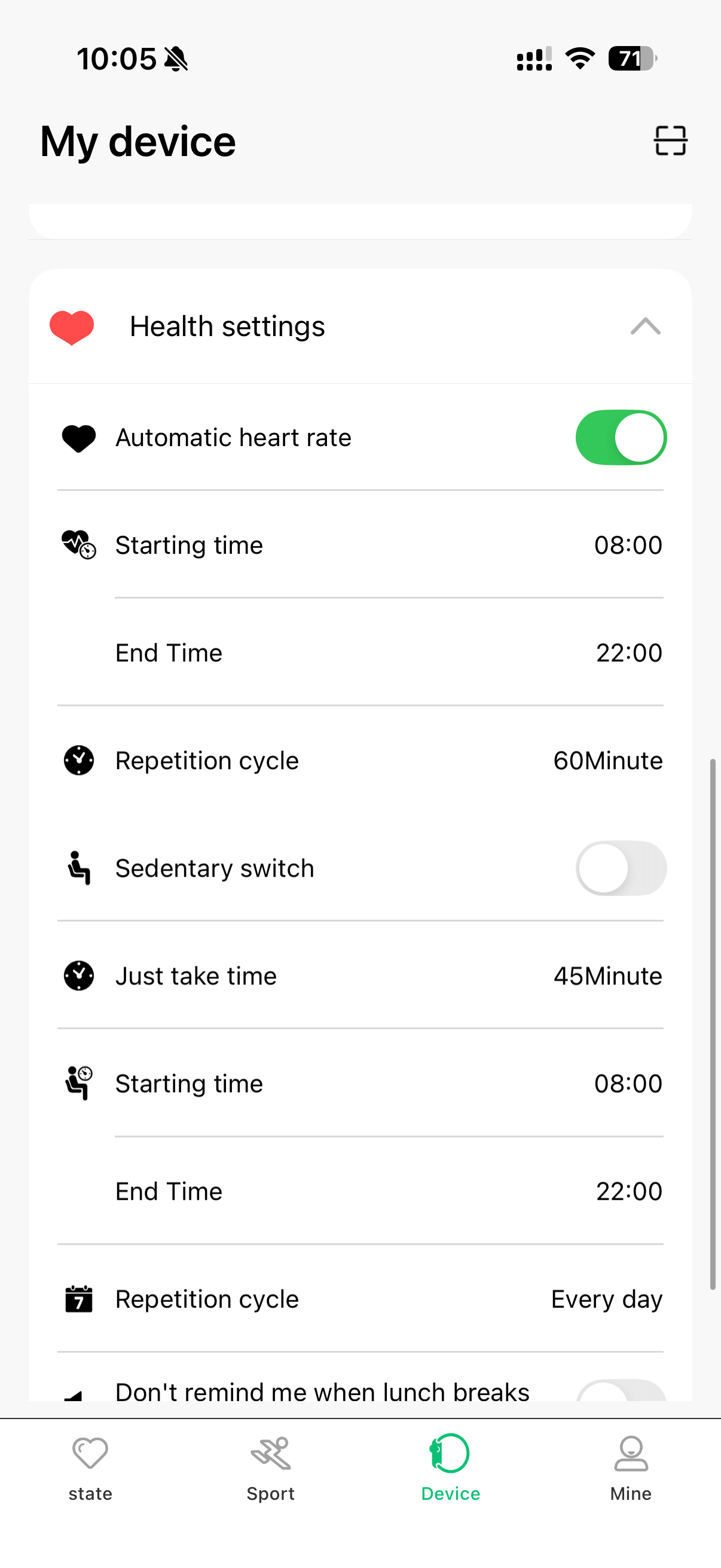 MasWear-App Gesundheitseinstellungen: Automatische Herzfrequenzmessung mit Startzeit, Endzeit und Wiederholungszyklus für individuelle Intervall-Herzfrequenzverfolgung auf der Wellue-Uhr.