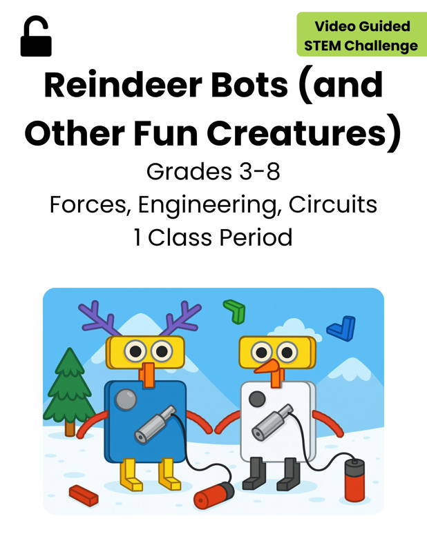Image of two holiday-themed cardboard robots built with 3DuxDesign components and simple circuits, illustrating a hands-on STEM activity that teaches forces, engineering, and circuitry. Ideal for grades 3–8 classrooms seeking fun, seasonal project-based learning experiences in robotics and creative design.