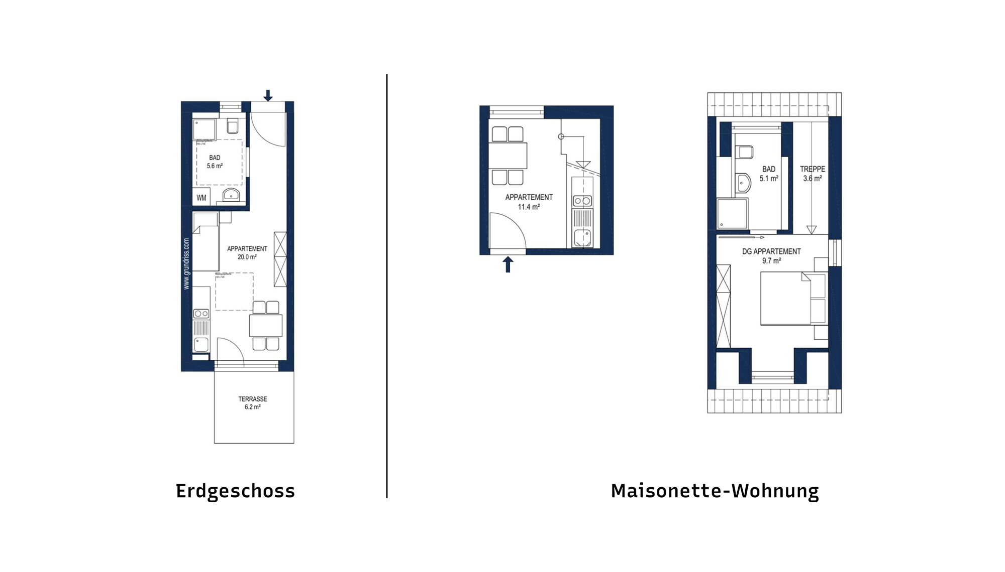 Grundrisse Erdgeschoss und Maisonette-Wohnung