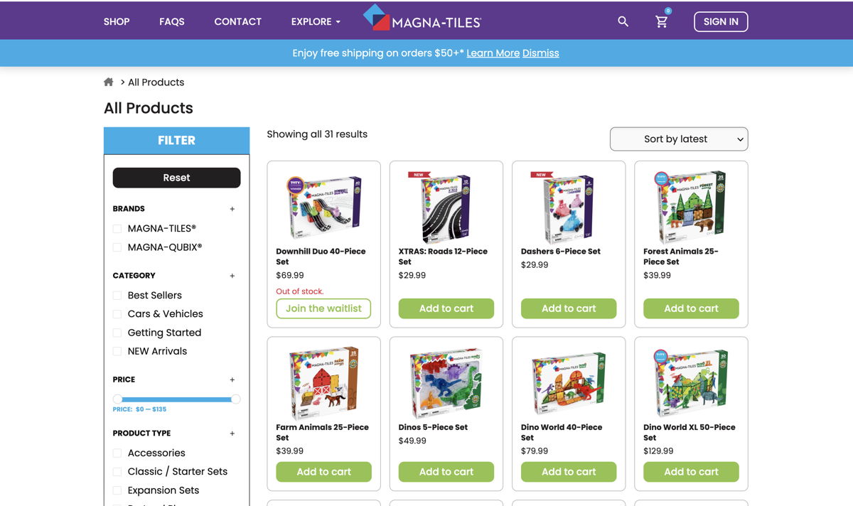 Screenshot of Magna Tiles, from the ecommerce websites collection.