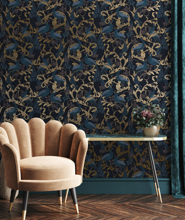 Blue & Gold Vintage Peacock Wall Mural - Feathr Wallpapers