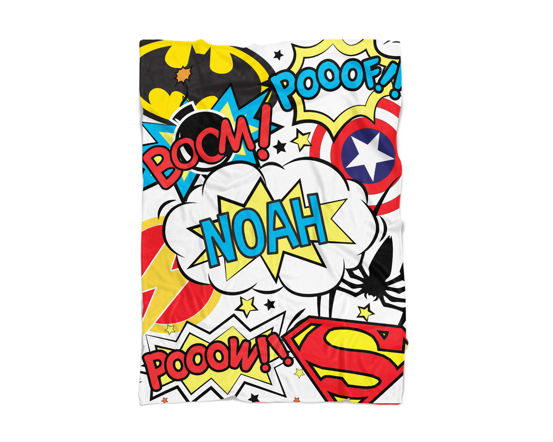 Custom Superhero Baby Blanket. Comic Style Superhero Logos In The Background. Boom Poof Pow bubbles
