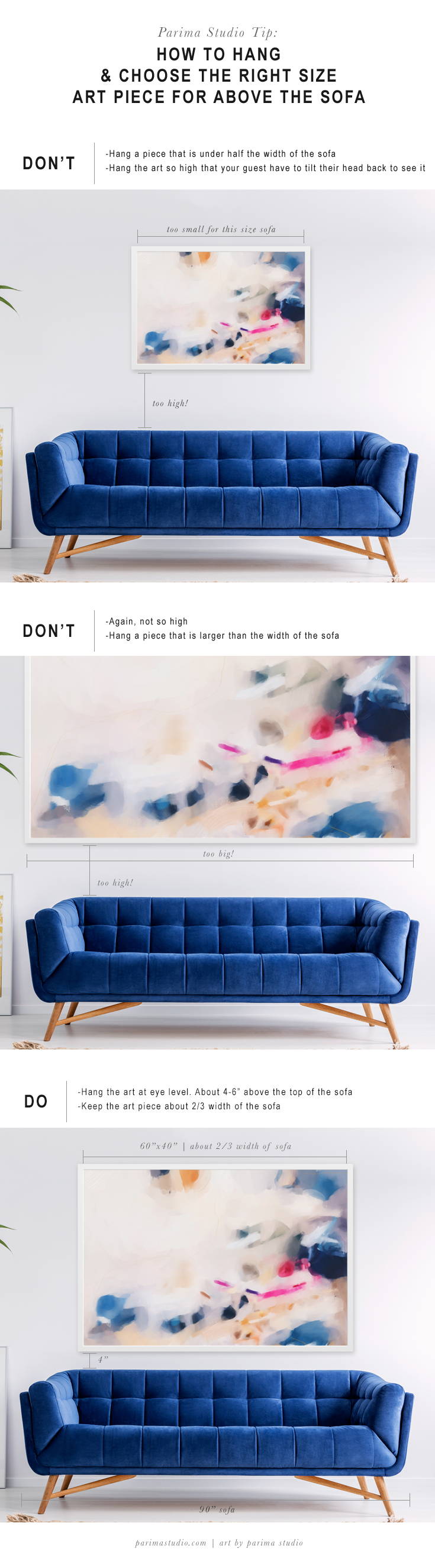 Parima Studio Tip: How to hang and choose the right size art piece for above your sofa