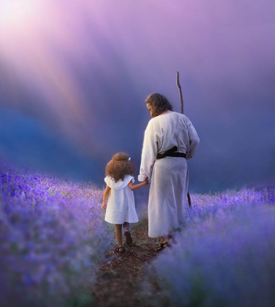 Jesus walking with a young girl through a field of lavendar.
