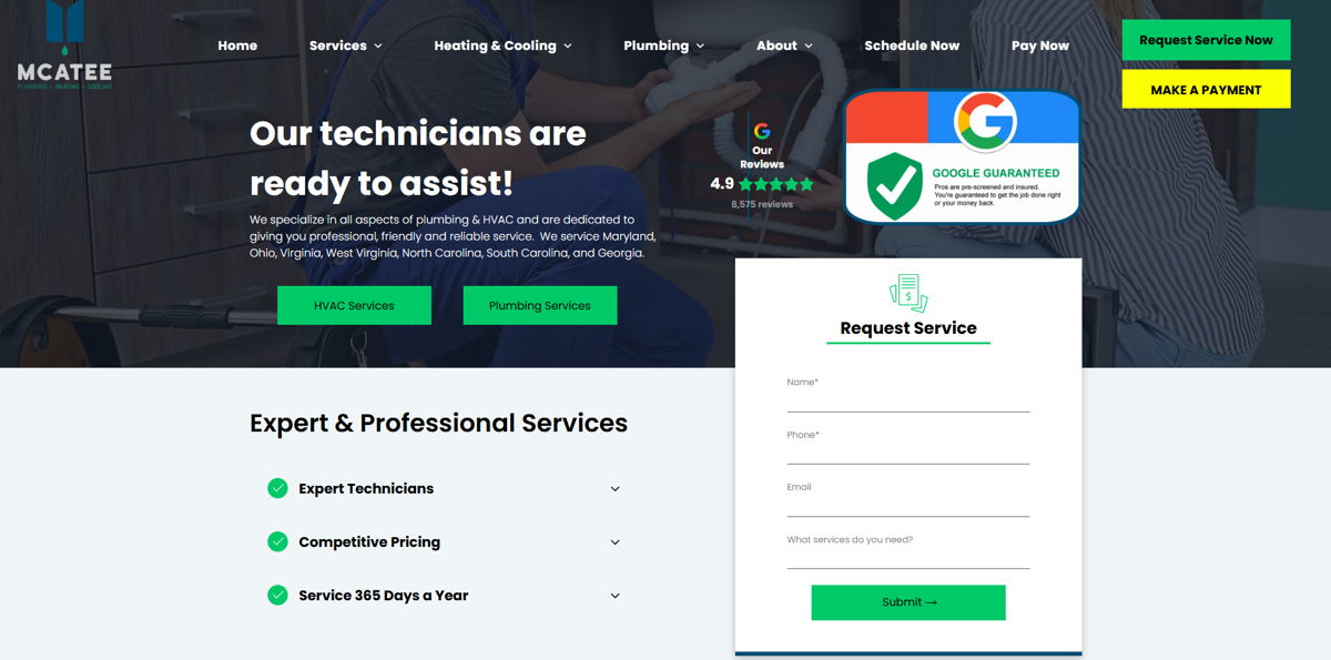 Screenshot of McAtee Plumbing Heating & Cooling, from the website hero section designs collection.