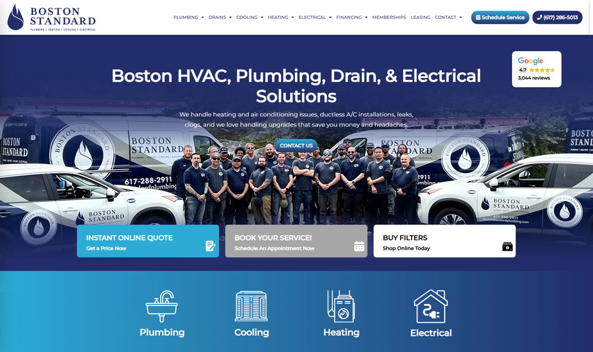 Screenshot of Boston Standard Plumbing & Heating, from the website hero section designs collection.