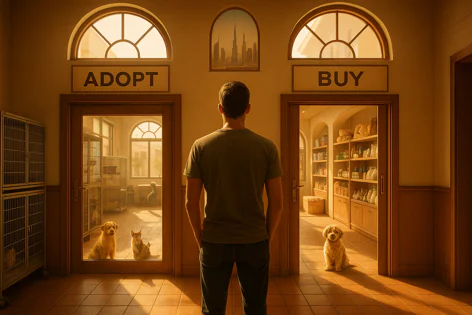 A person stands facing two doors, one labeled "ADOPT" showing caged animals and the other "BUY" showing goods and a puppy, representing the choice to get a pet.