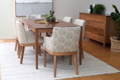 Otway natural edge Mountain Ash dining table with upholstered white chairs