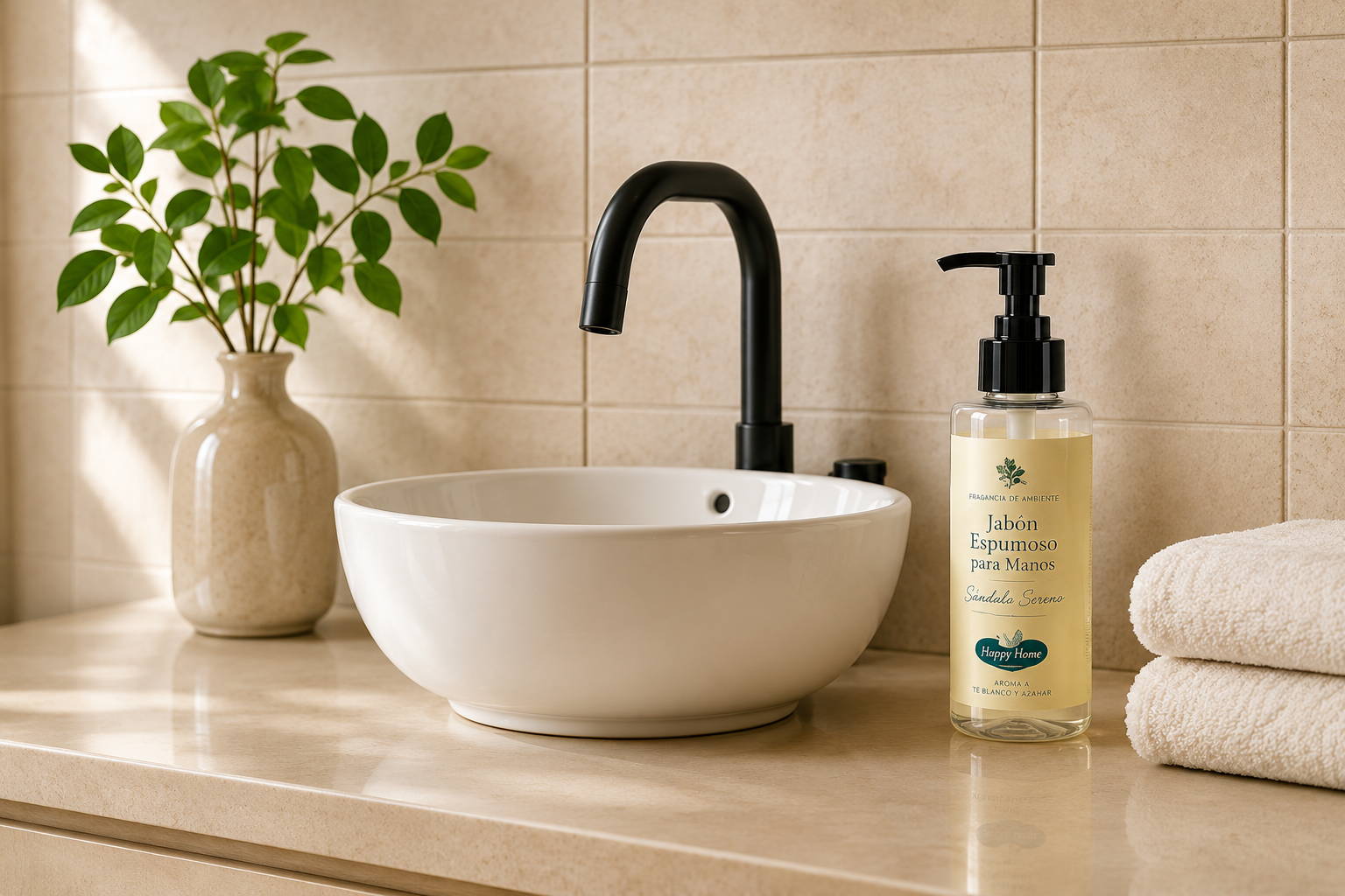 Jabón espumoso Happy Home en un baño moderno