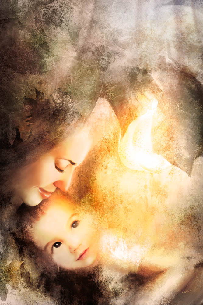 Textured image of Mary holding young Jesus.