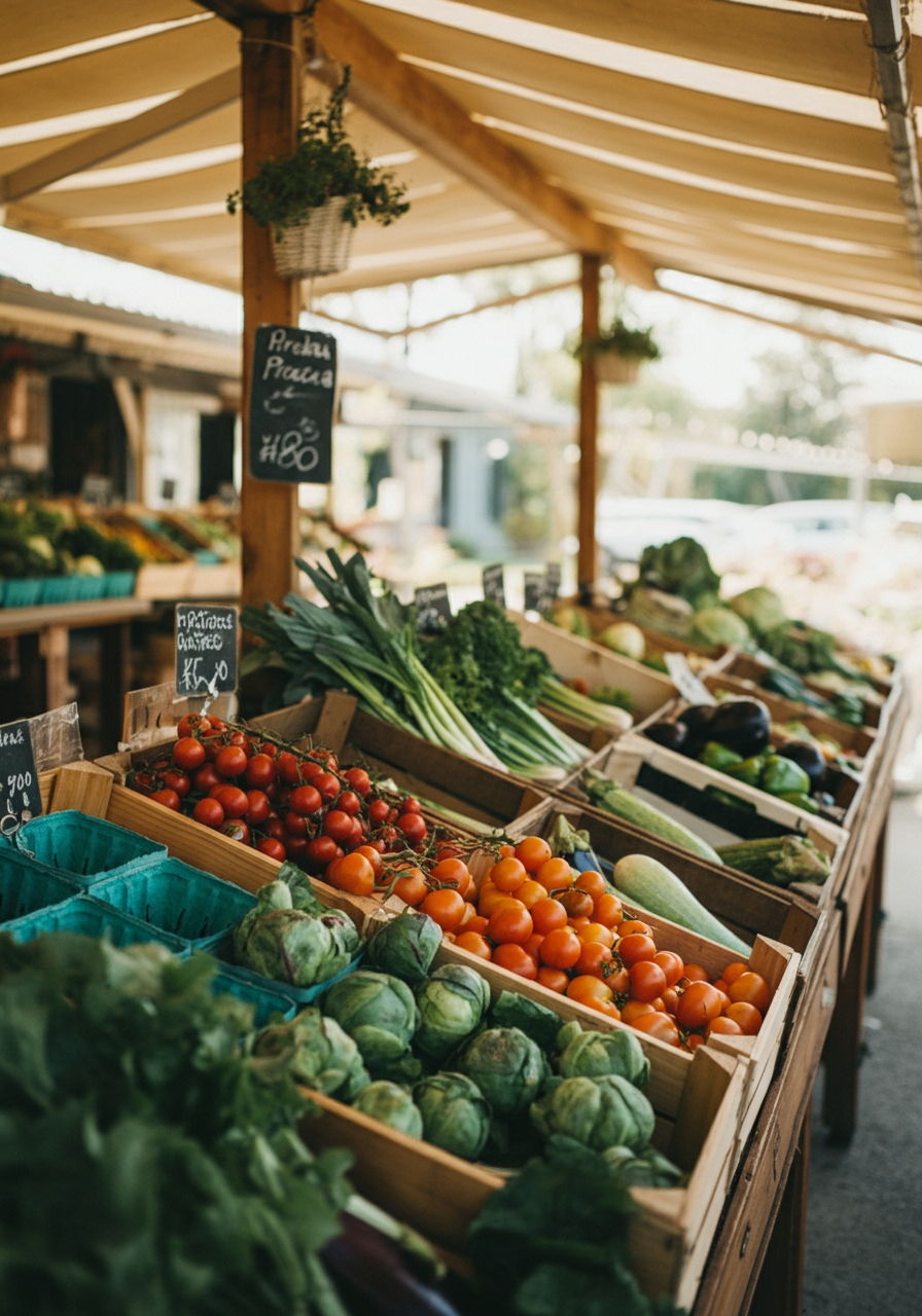 A photographic style image of A bustling local organic farm stand with wooden display cases filled with fresh produce. Morning light illuminates colorful vegetables while canvas awnings provide shade. high focus, sharp, lots of bright light, extra bright, highly detailed, high quality, dslr, film grain, fujifilm XT3, RAW photo, RAW candid cinema, color graded porta 400, depth of field, hyper realistic, natural-looking, expressive, textured skin, texture, 8k, photorealistic