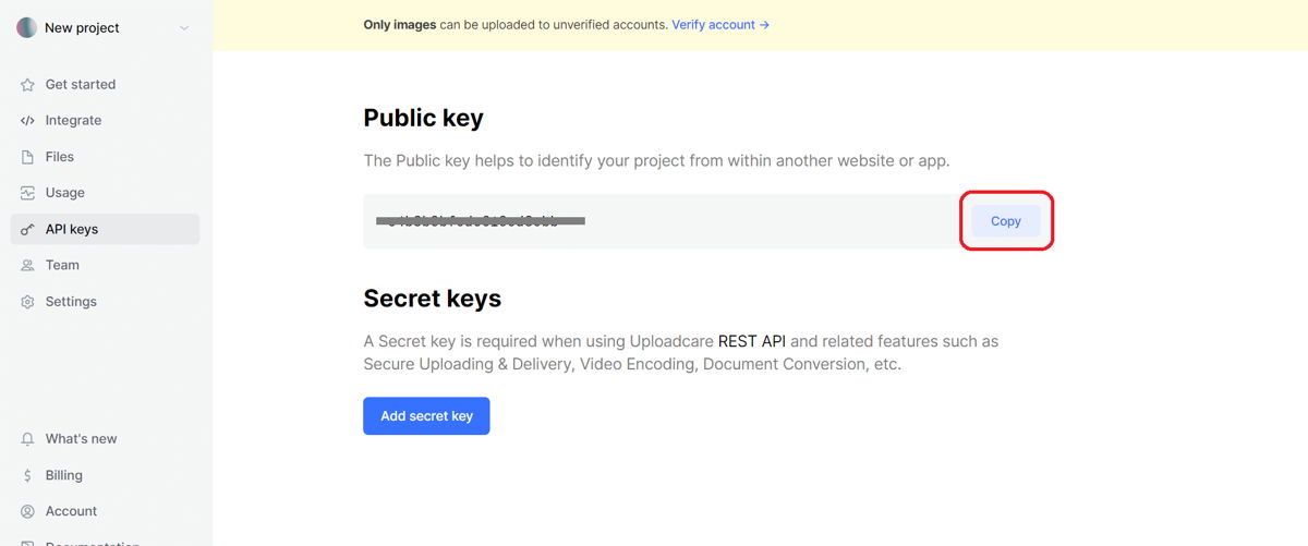 A screenshot of the Uploadcare Dashboard containing a public API key