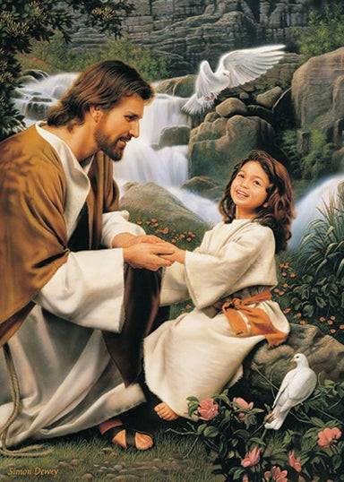 A little girl holds Jesus' hands and laughs happily. A dove flies above her. 