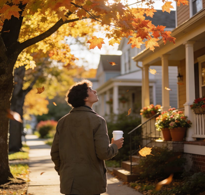 Medium shot of a person walking through a charming neighborhood on a tree-lined sidewalk, holding a takeout coffee cup and observing the homes and surroundings with curiosity. Autumn leaves in golden and orange hues on mature maple trees. Late afternoon warm lighting, 85mm lens with shallow depth of field, contemplative exploration mood.