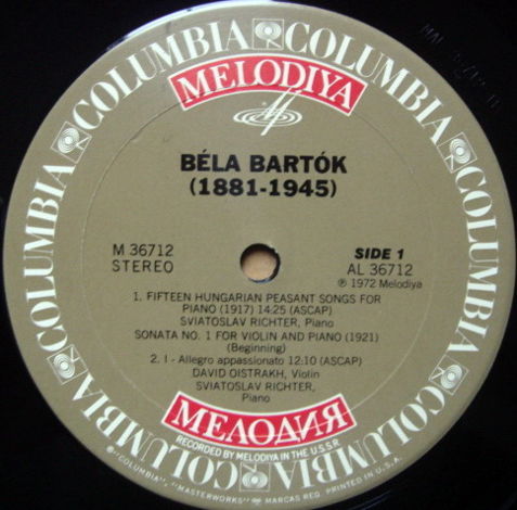 CBS Melodiya / OISTRAKH-RICHTER, - Bartok Violin Sonata...