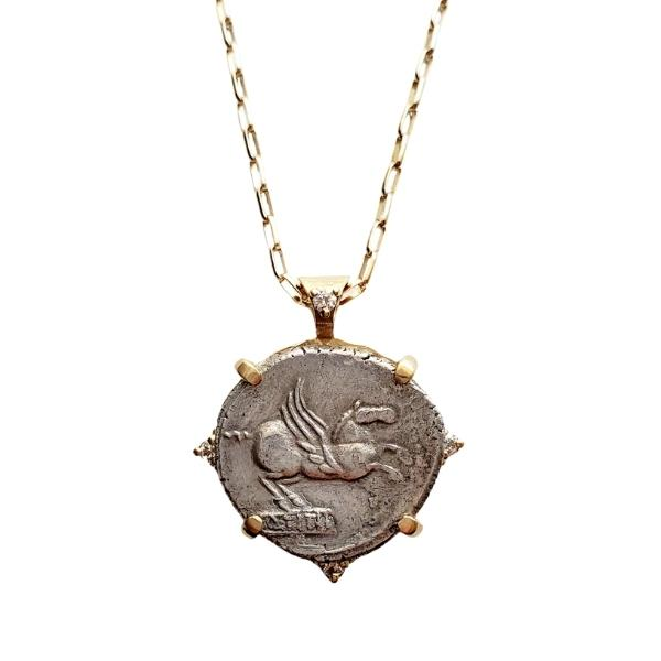 Roman Ancient Silver Coin Pegasus Bacchus Gold Diamond Pendant