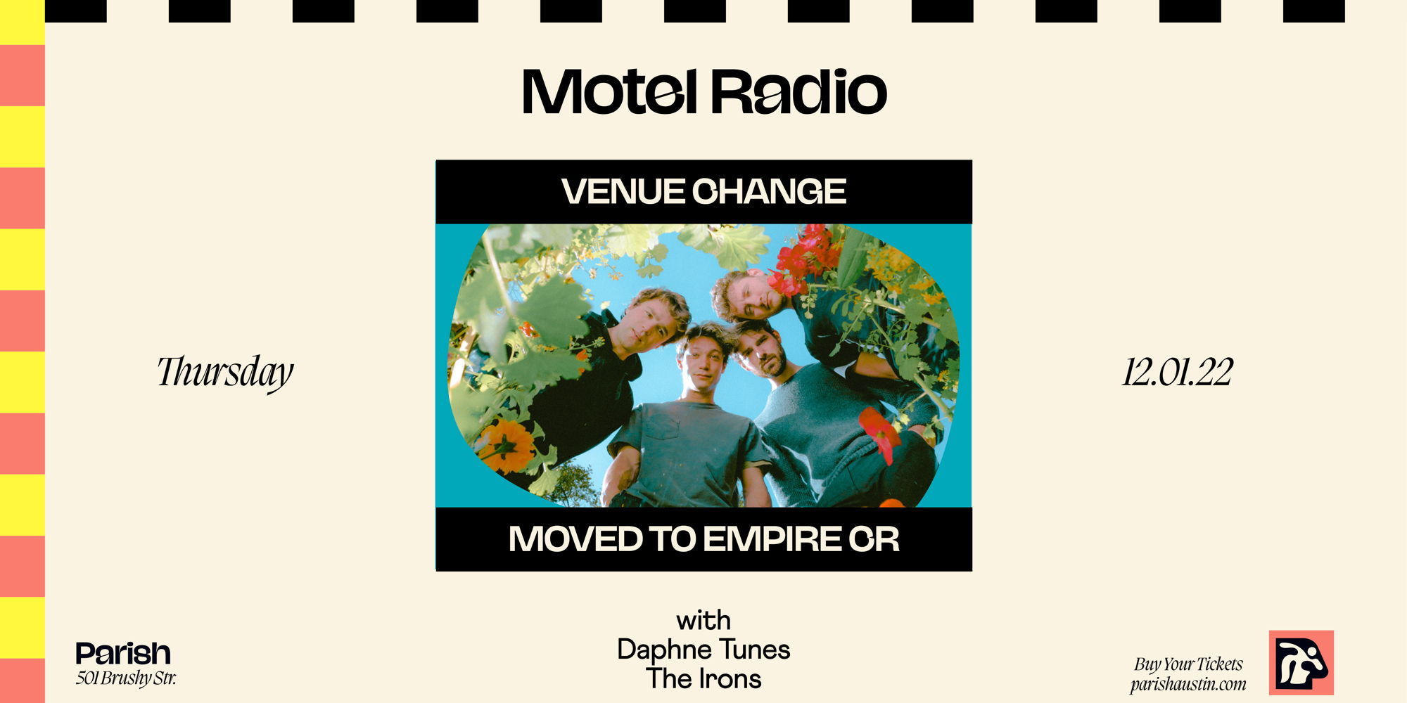 Parish Presents: Motel Radio w/ daphne tunes and The Irons -12/1 promotional image