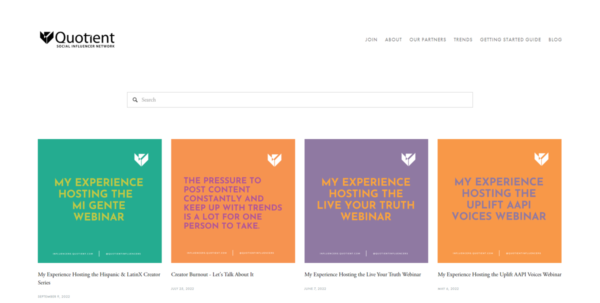 Screenshot of Quotient Social Influencer Network, from the squarespace blog examples collection.