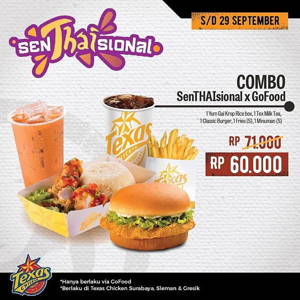 TEXAS Chicken: Promo COMBO SenTHAIsional X GoFood 1 Yum Gai Krop Rice Box, 1 Tex Milk Tea, 1 Classic Burger, 1 Fried (S), 1 Minuman (S) cuma Rp 60.000 lho! sampai 09/29/2019