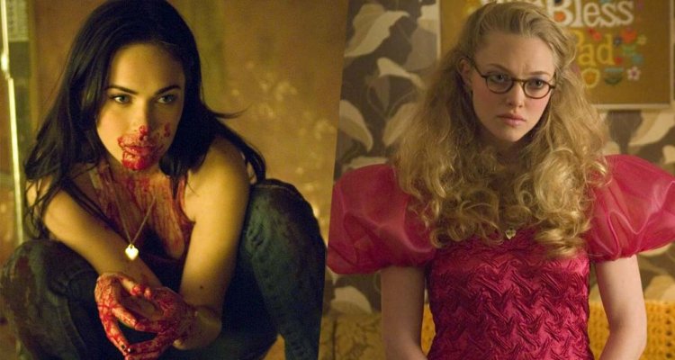 Side by side of Anita and Jennifer, Jennifer wears a large puffy dress while Jennifer is covered in blood.