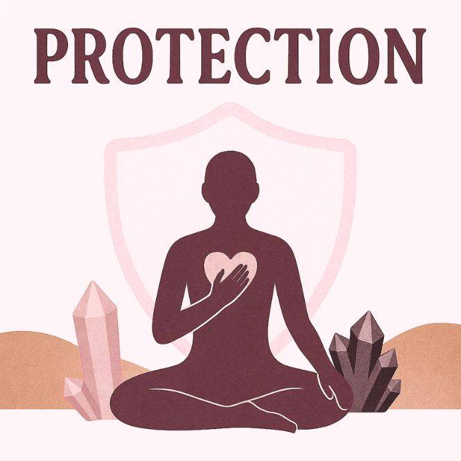 Illustration carrée sur le thème de la protection, représentant une silhouette méditative devant un bouclier doré, entourée de cristaux rose quartz et bruns, symbole de sérénité, de force intérieure et de protection énergétique.