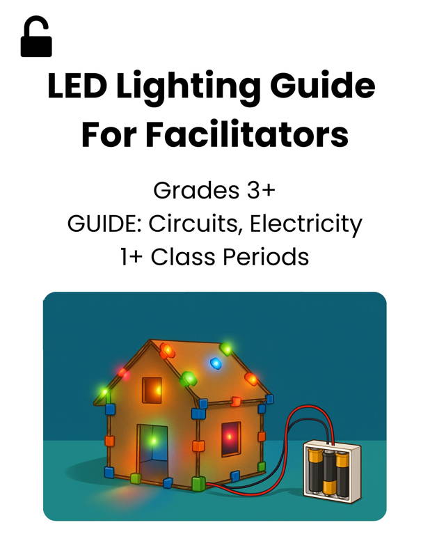 Image of a cardboard house lit with colorful LED bulbs connected to a battery pack, demonstrating a hands-on 3DuxDesign STEM activity for teaching circuits electricity and engineering concepts. Ideal for facilitators and classroom teachers introducing foundational electronics through creative building and project-based learning for grades 3 and up.