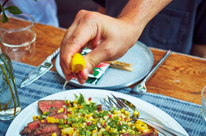 Steaks with Grilled Corn and Cilantro