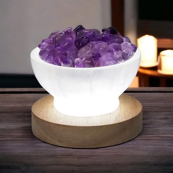 Selenite Bowl - Amethyst Smooth Tumble Crystals Includes LED Base