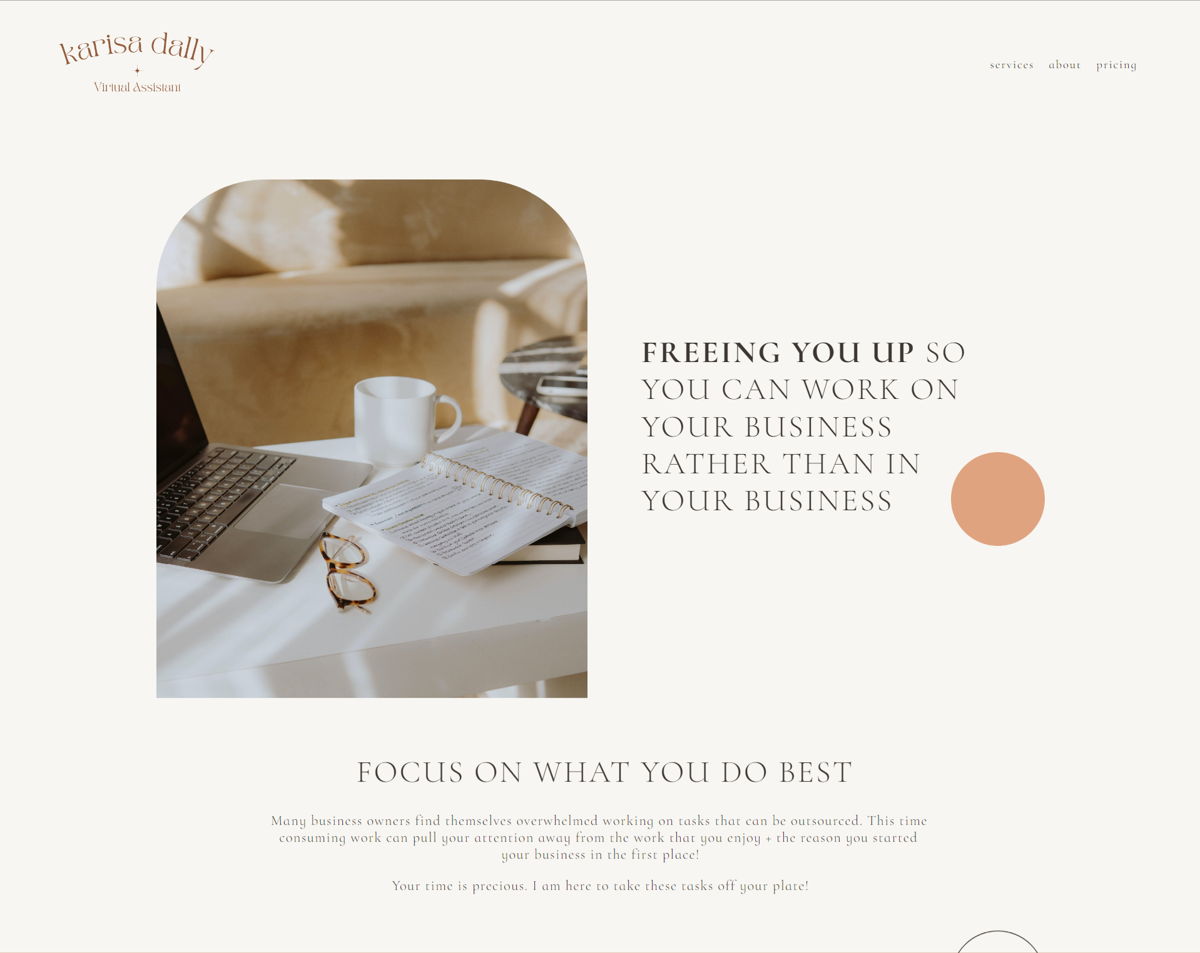 Screenshot of Karisa Dally Virtual Assistant, from the virtual assistant websites collection.